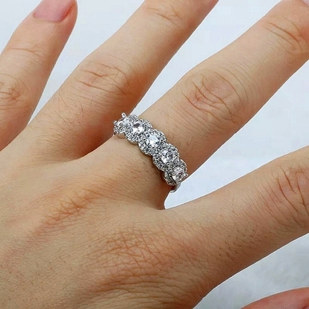 NEW Platinum Plated S925 Halo‎ Diamond Eternity Engagement Band Ring Sizes 6 & 7